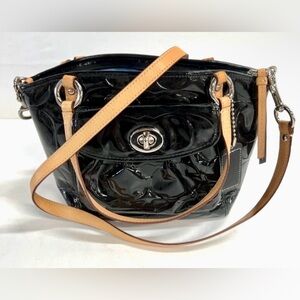 Brand New Coach Black Patent Leather Satchel Bag with Tan Straps